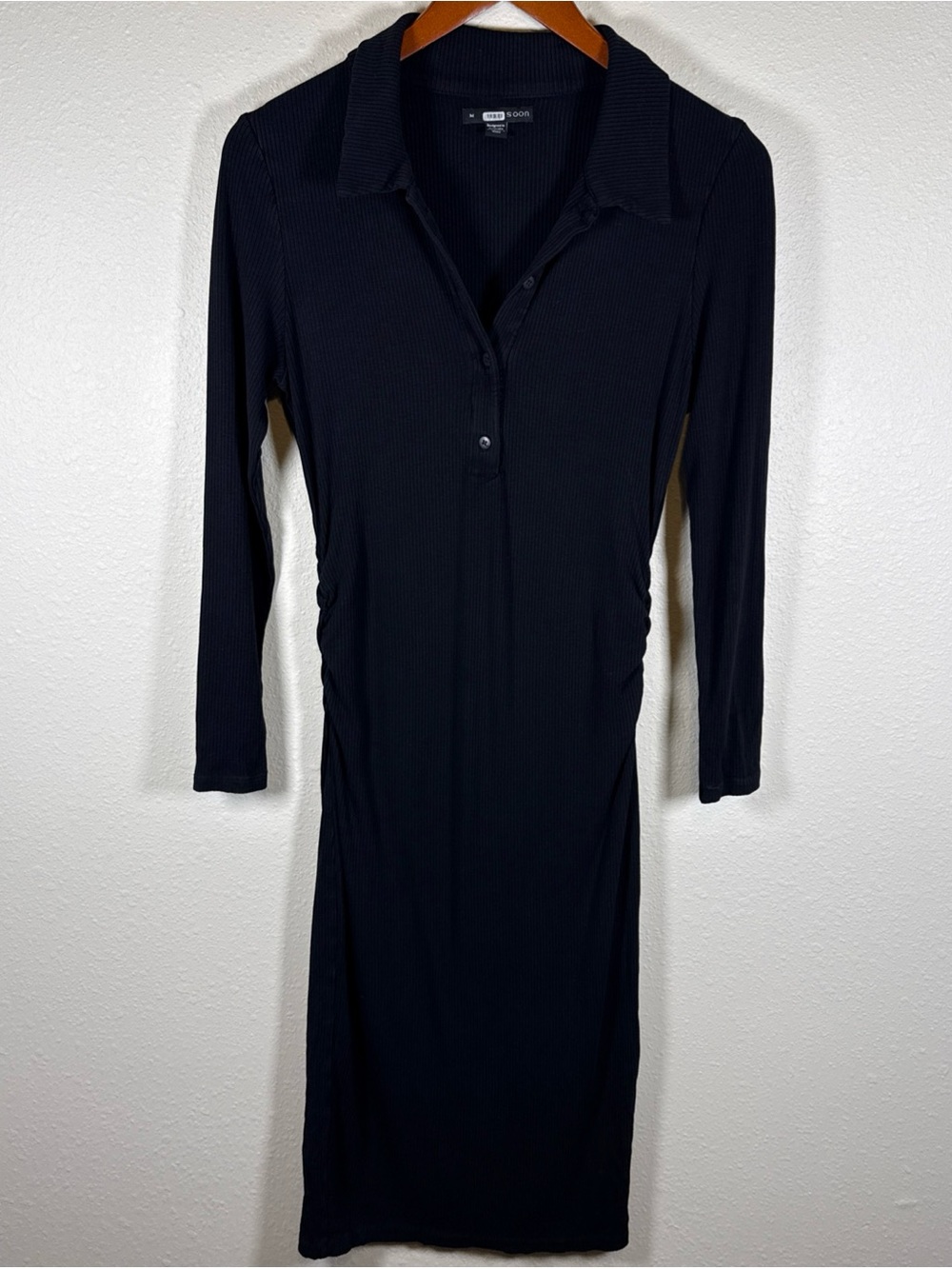 See U Soon Black Long Sleeve Ribbed Midi Dress Collared V-Neck Ruched M